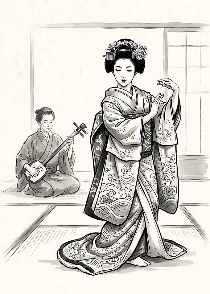 Geisha Dancing with Shamisen Player