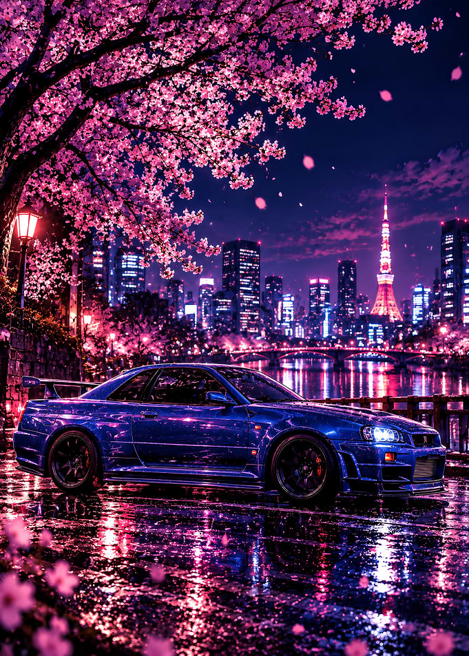 Nissan Skyline GT-R Under Cherry Blossoms