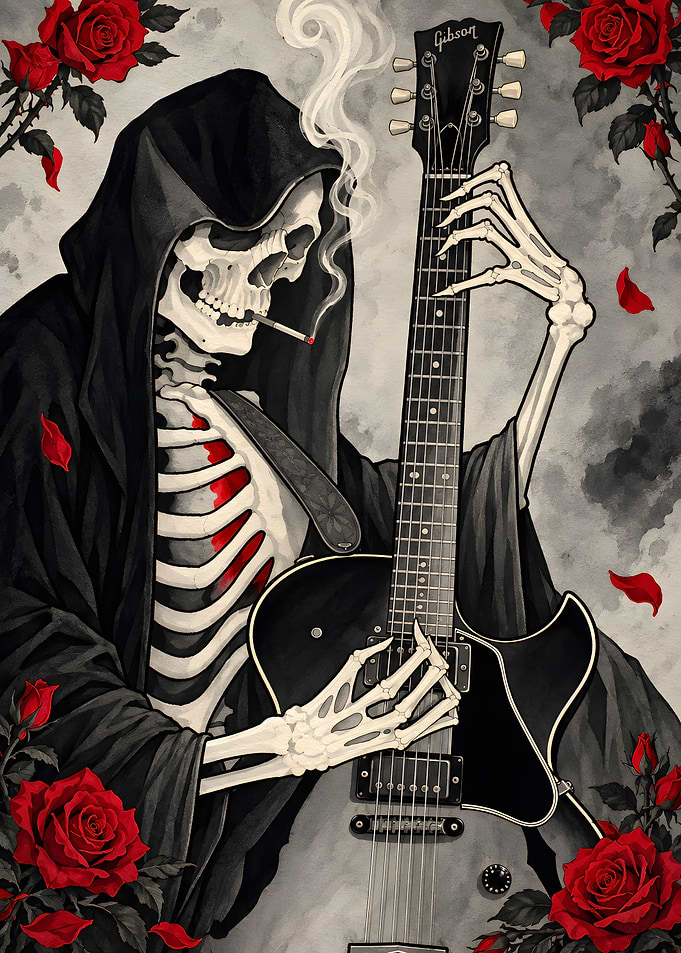 Grim Reaper Playing Gibson Guitar