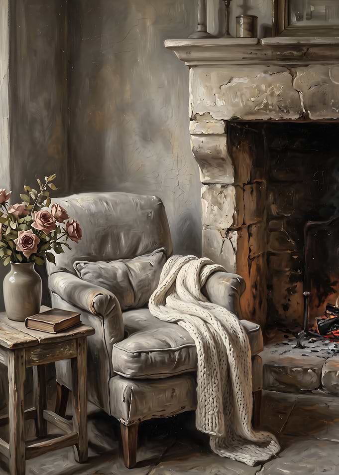 Cozy Fireside Reading Nook Painting