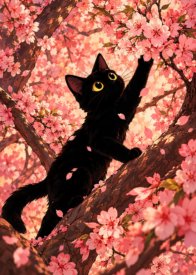 Black Kitten in Cherry Blossom Tree