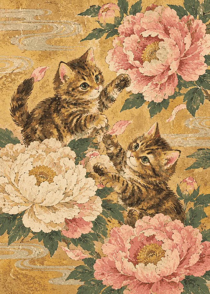 Kittens Playing with Tree Peonies