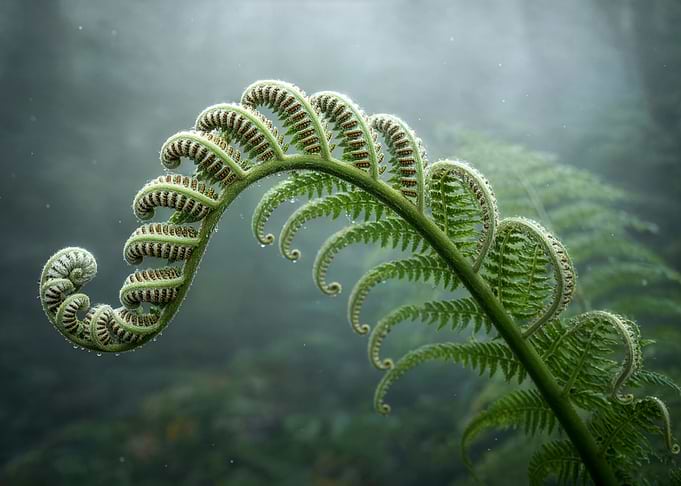 Fiddlehead Fern in Misty Forest