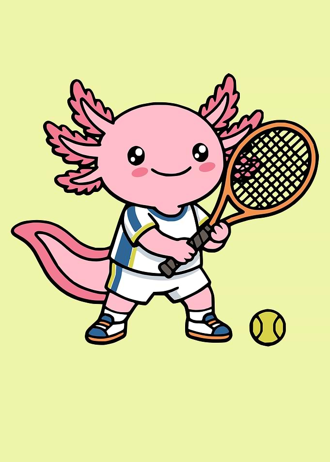 Cute Axolotl Playing Tennis