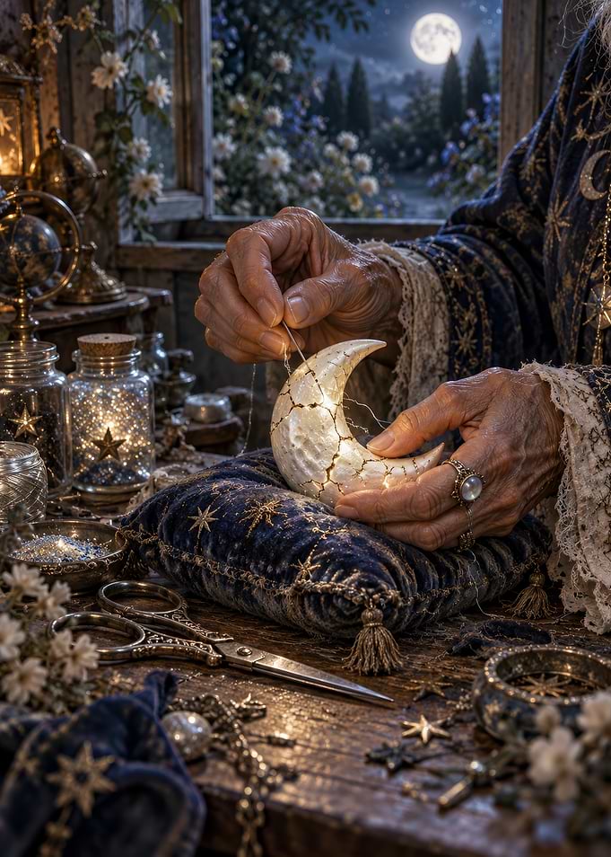 Wizard Mending a Glowing Moon