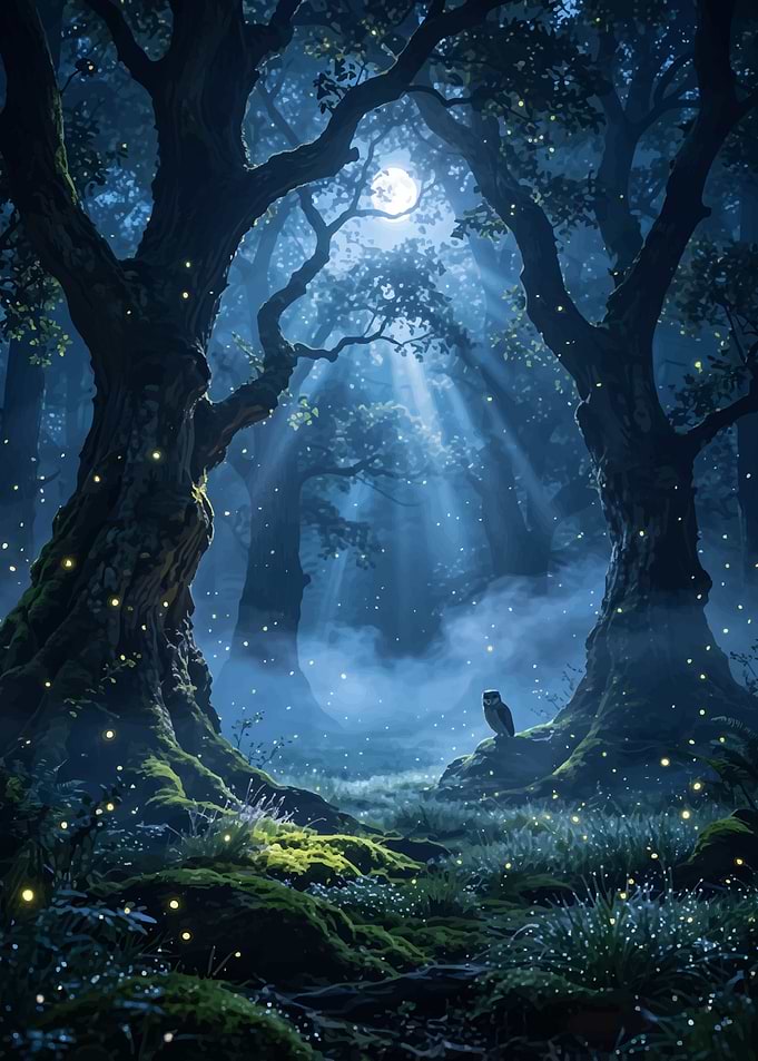 Enchanted Forest with Owl and Fireflies