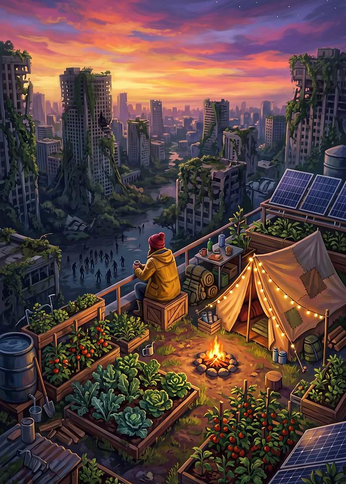 Survivor on Rooftop Garden at Sunset