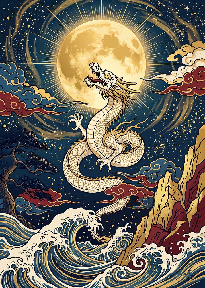 White Rising Dragon & Full Moon Ukiyo-e Poster: Feng Shui Art for Wealth and Good Luck