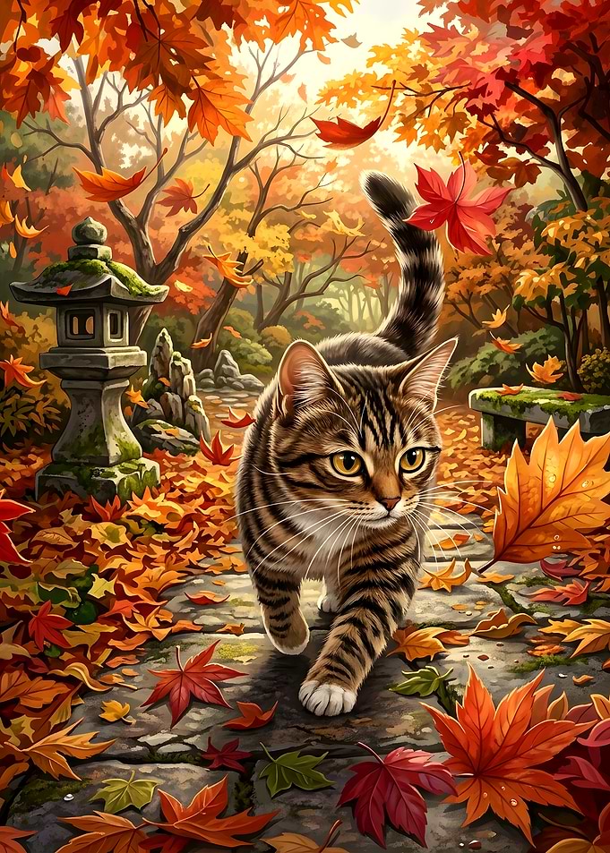 Tabby Cat in Autumn Garden