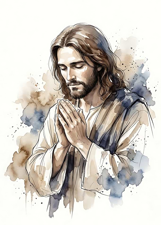 Watercolor Portrait of Praying Jesus