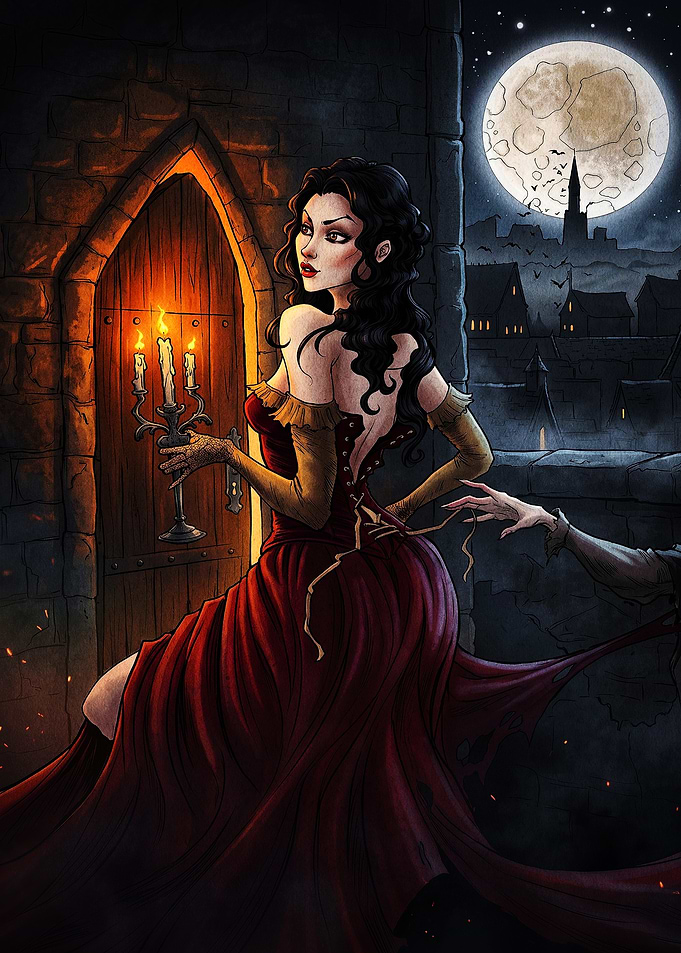 Gothic Vampire Lady in Red Dress