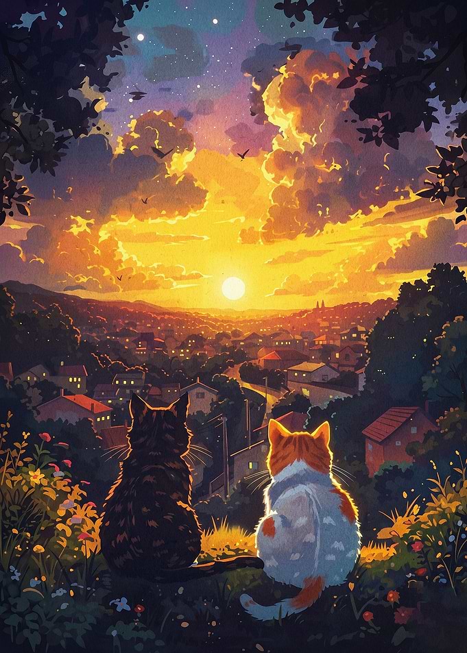 Cats Sunset Landscape Fantasy Art