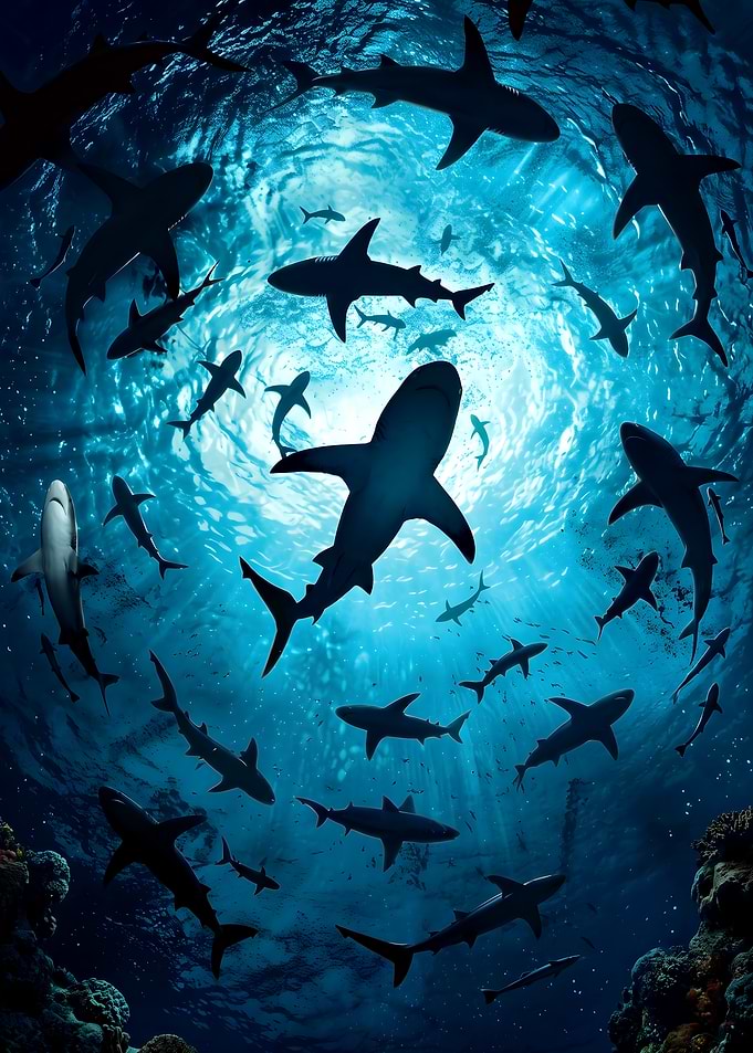 School of Sharks Underwater View