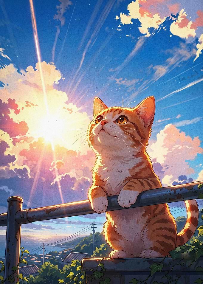 Cat Sky Sunset Anime Art Poster