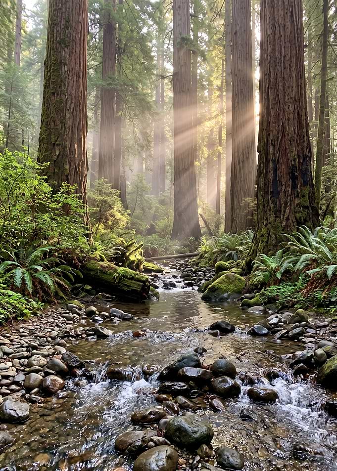 Sunlight Streaming Through Redwood Forest
