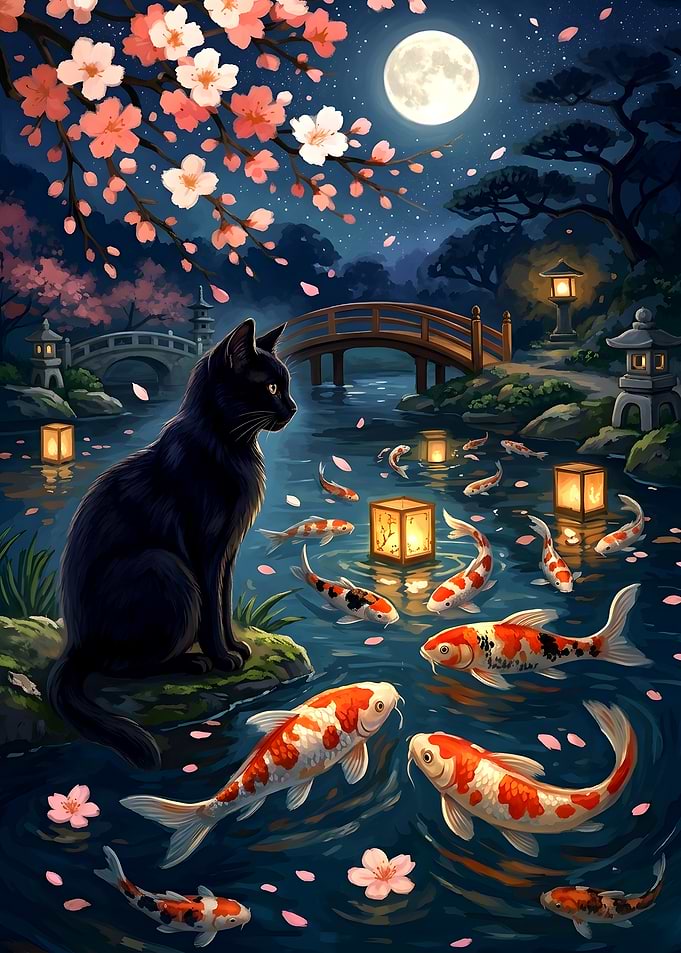 Black Cat Watching Koi Pond