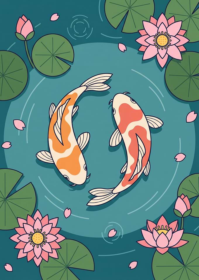 Koi Fish and Lotus Pond Illustration