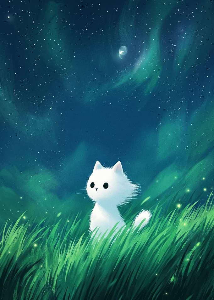 Cute White Cat in Starry Field