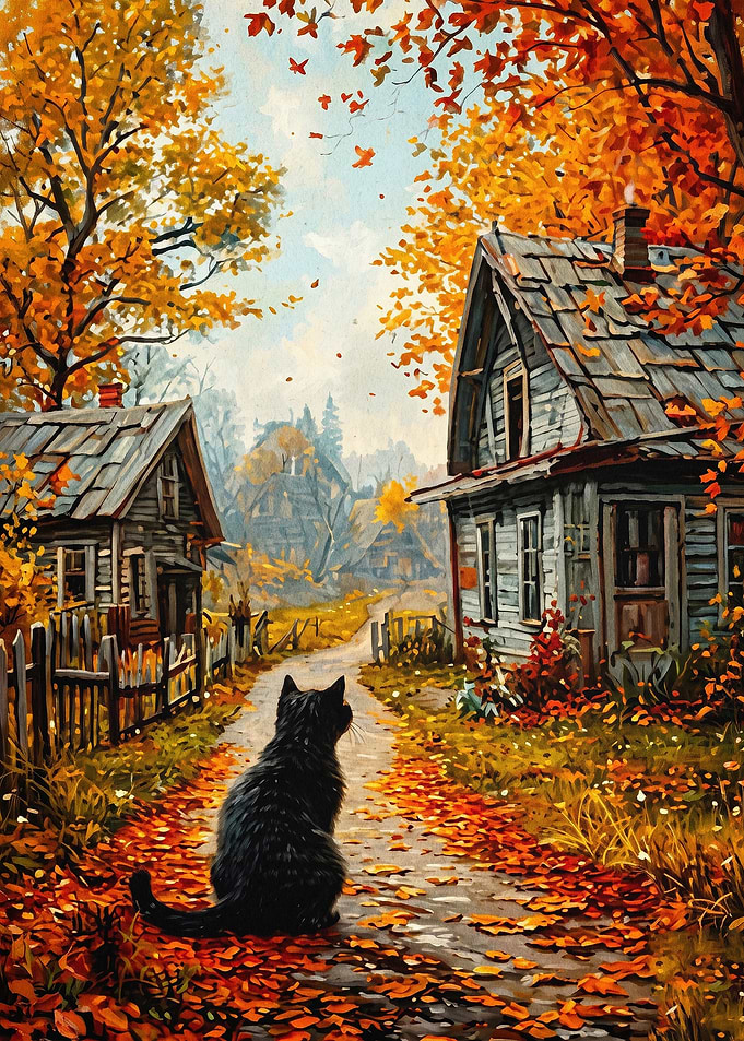 Autumn Cat Village Painting Poster