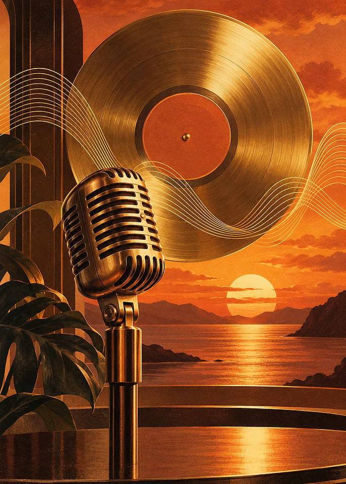 Golden Microphone and Vinyl Record Sunset
