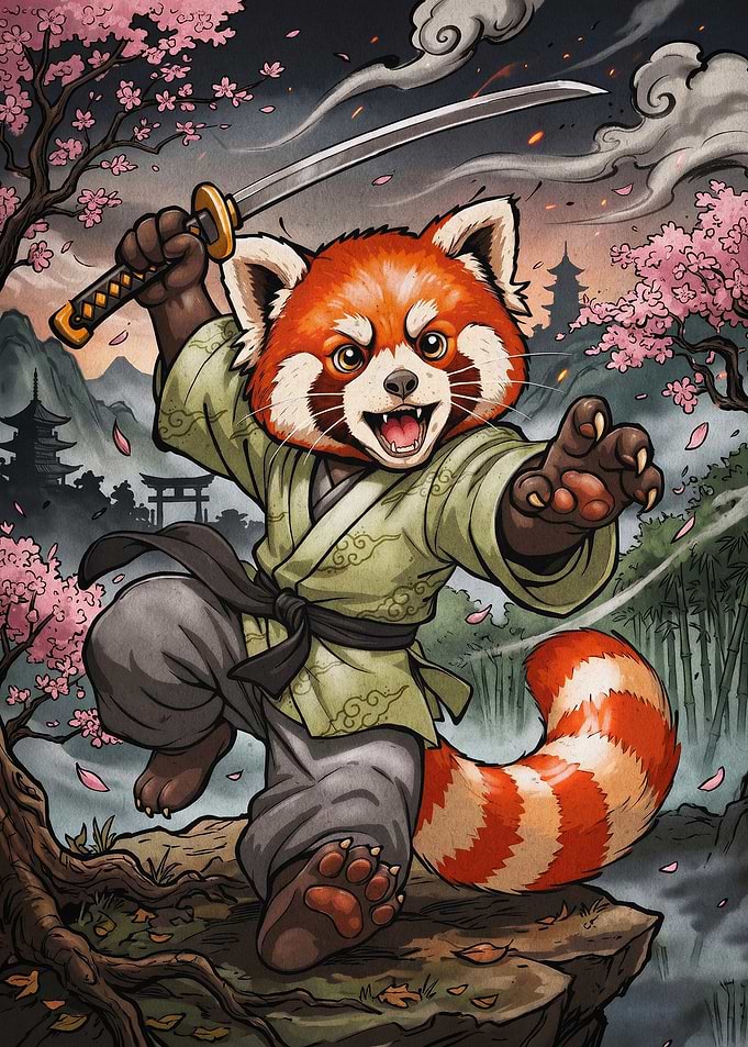 Red Panda Samurai Japanese Art Post
