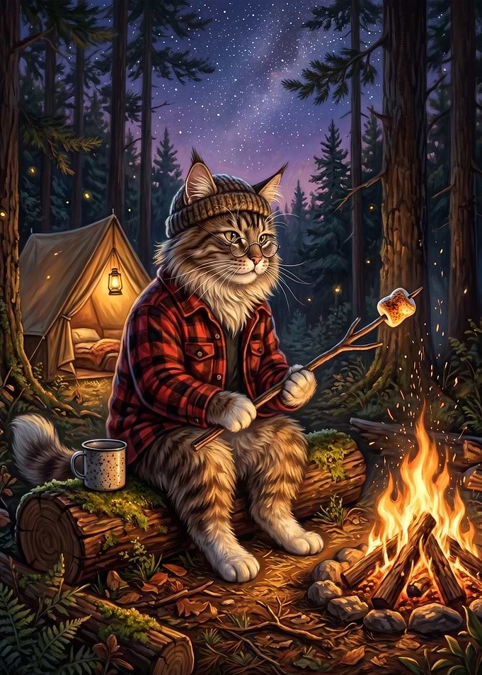 Cozy Cat Camping by Campfire