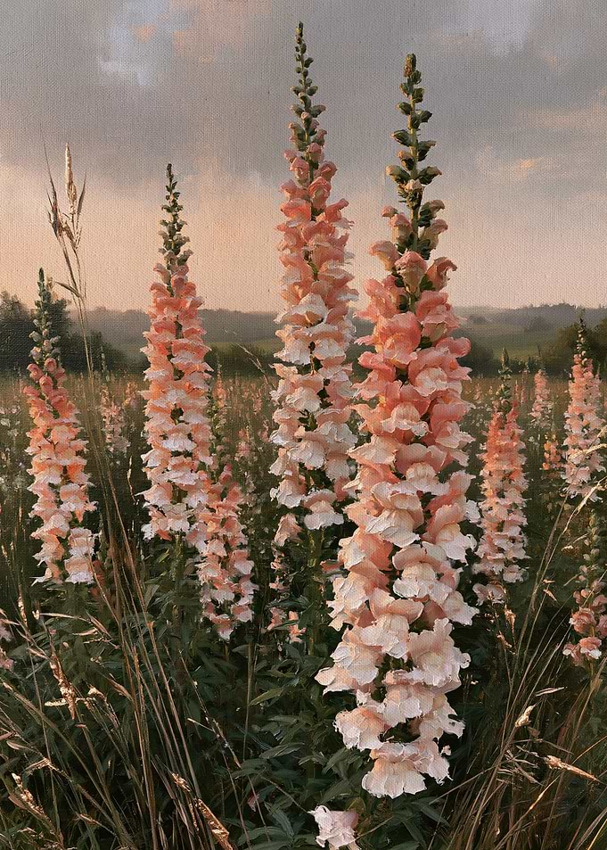 Tall Pink Foxgloves Rising Above Wild Grasses, Romantic Cottage Garden Painting