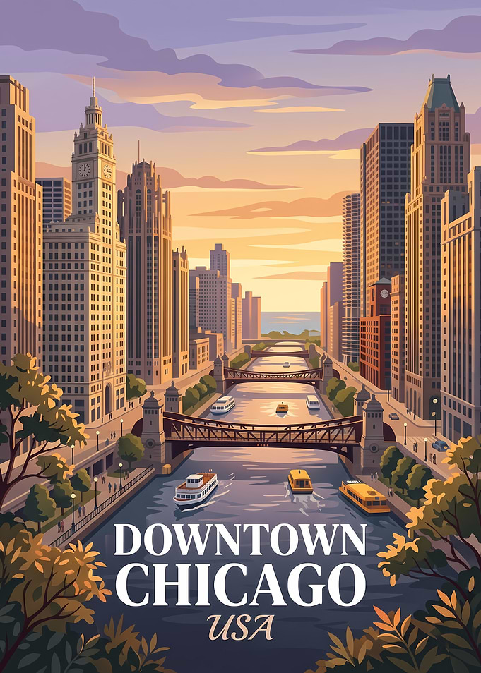 Vintage Style Downtown Chicago Poster