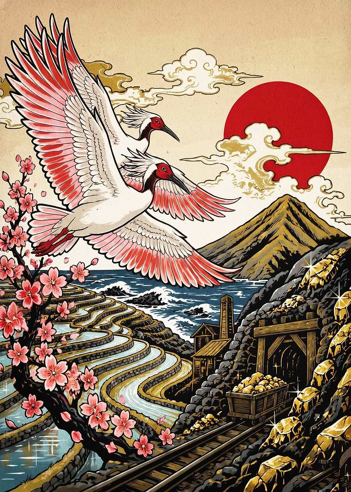 Japanese Crane Birds Mount Fuji Art