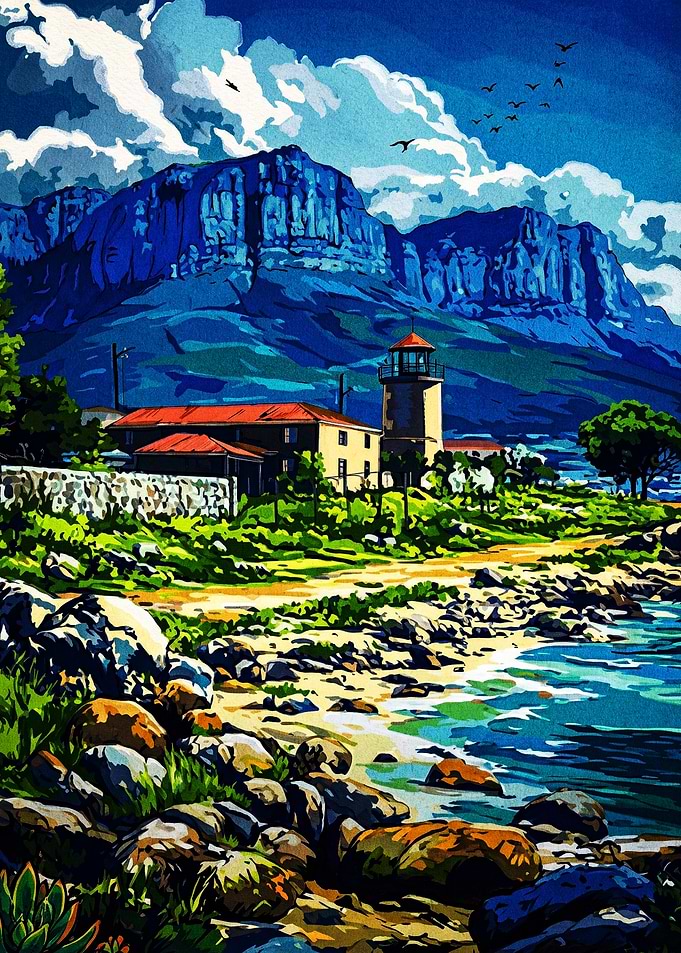 Coastal Lighthouse Beneath Dramatic Mountains