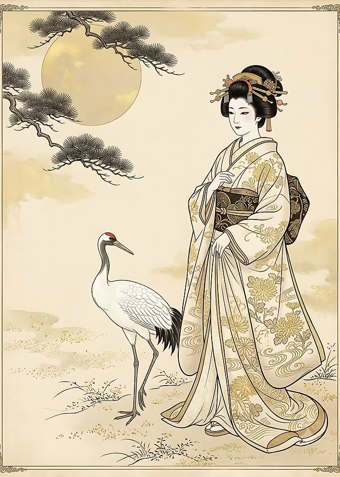 Elegant Geisha with Crane Illustration