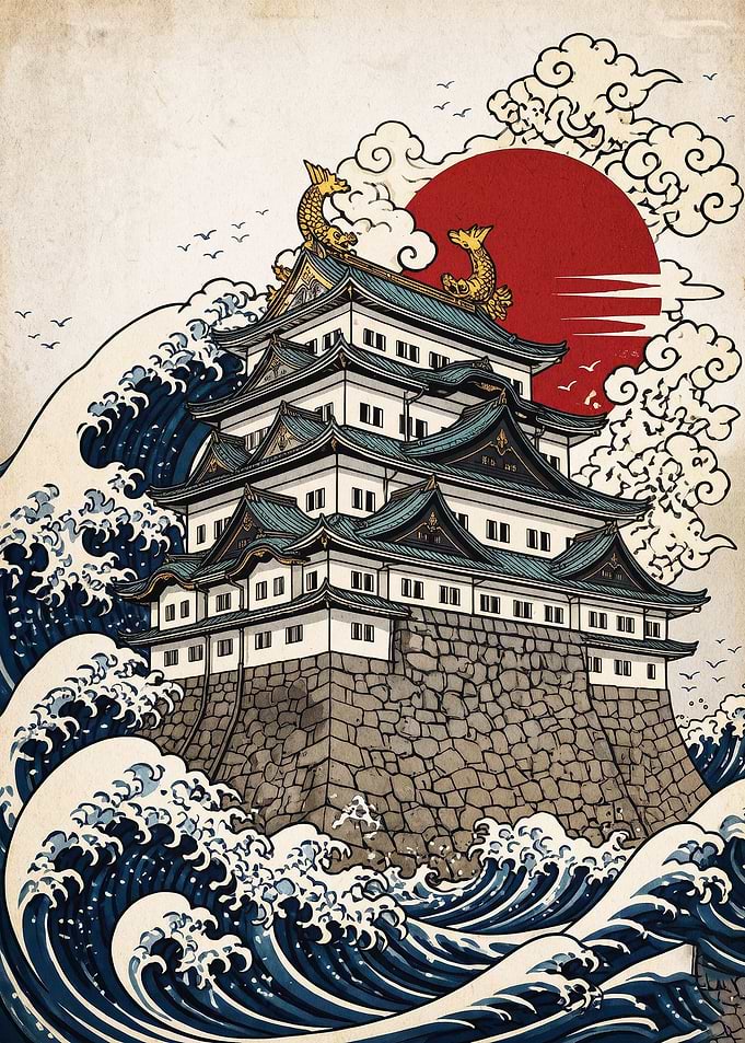 Japanese Castle Wave Ukiyo-e Art