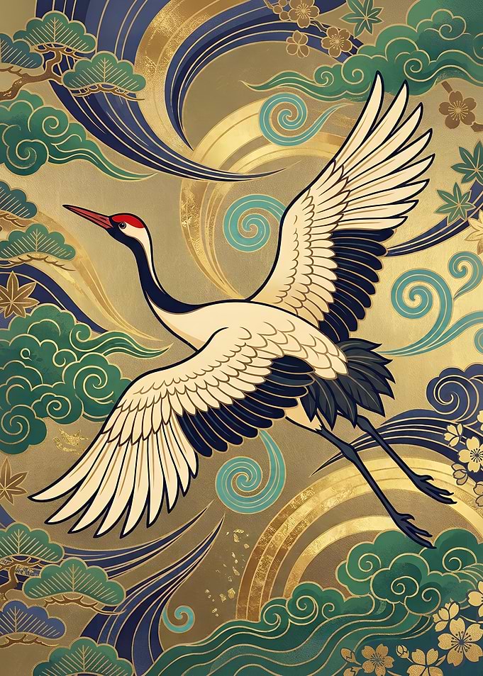 Elegant Japanese Cranes in Flight on Gold