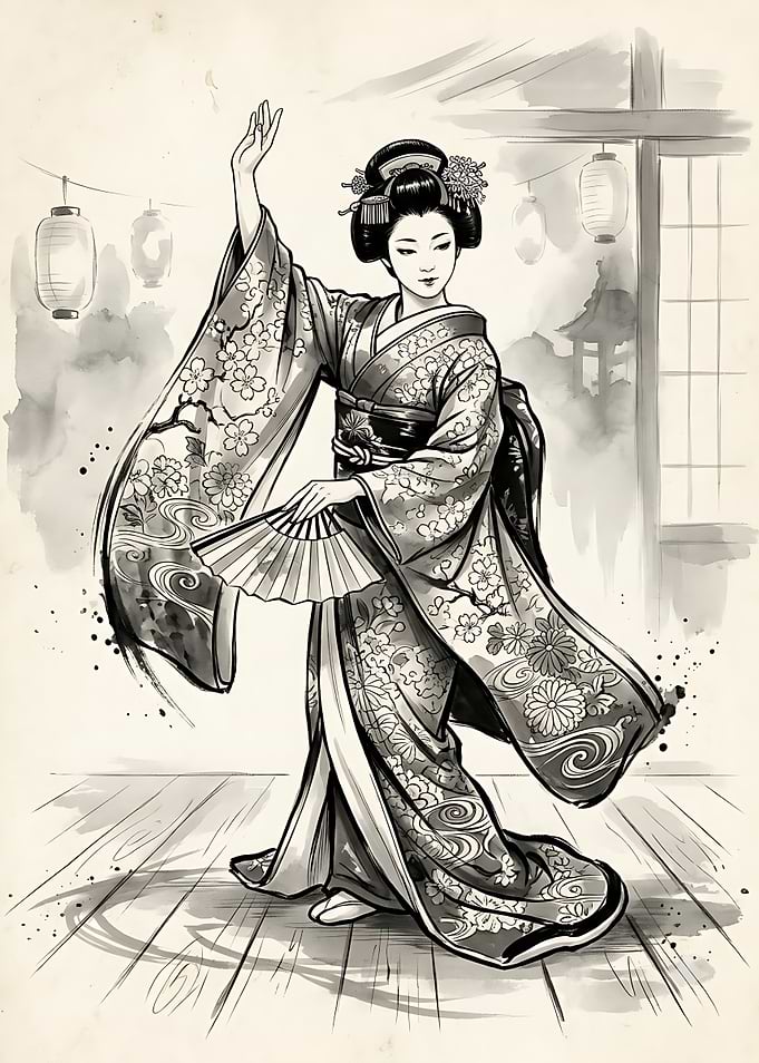 Elegant Geisha Dancing with Fan