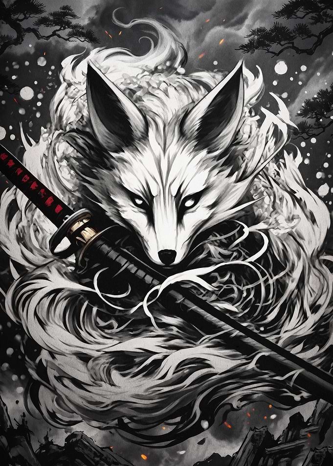 Fox Samurai Japanese Ink Art