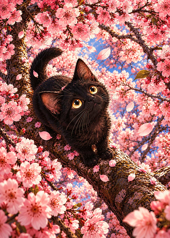 Black Kitten in Cherry Blossom Tree