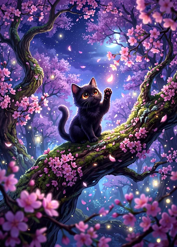 Cute Black Kitten in Cherry Blossoms