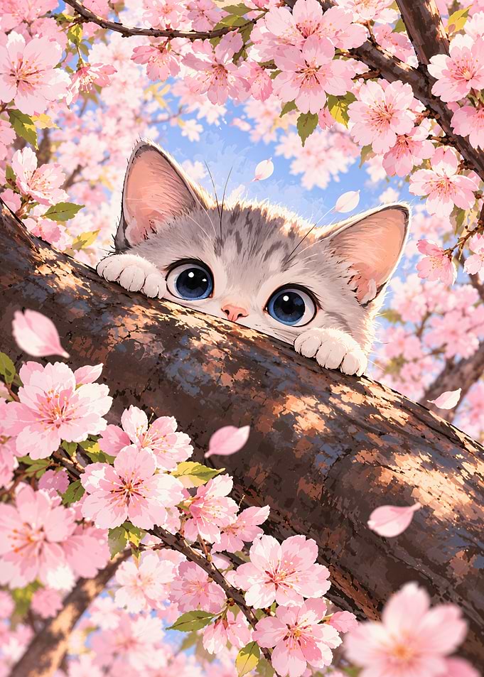 Cute Kitten Peeking Through Cherry Blossoms