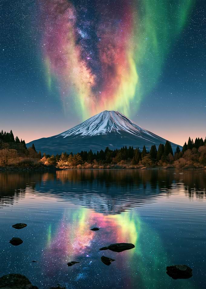 Mount Fuji Under Celestial Aurora