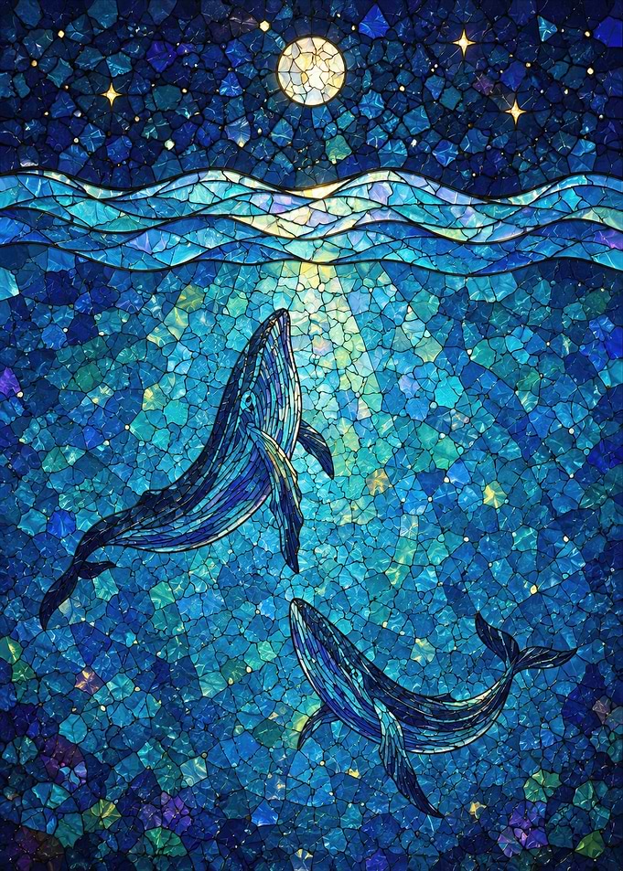Mosaic Whales Under Moonlight