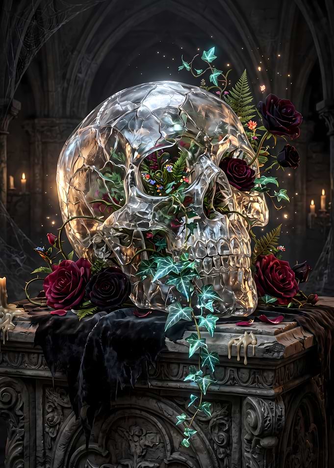 Crystal Skull with Floral Arrangement