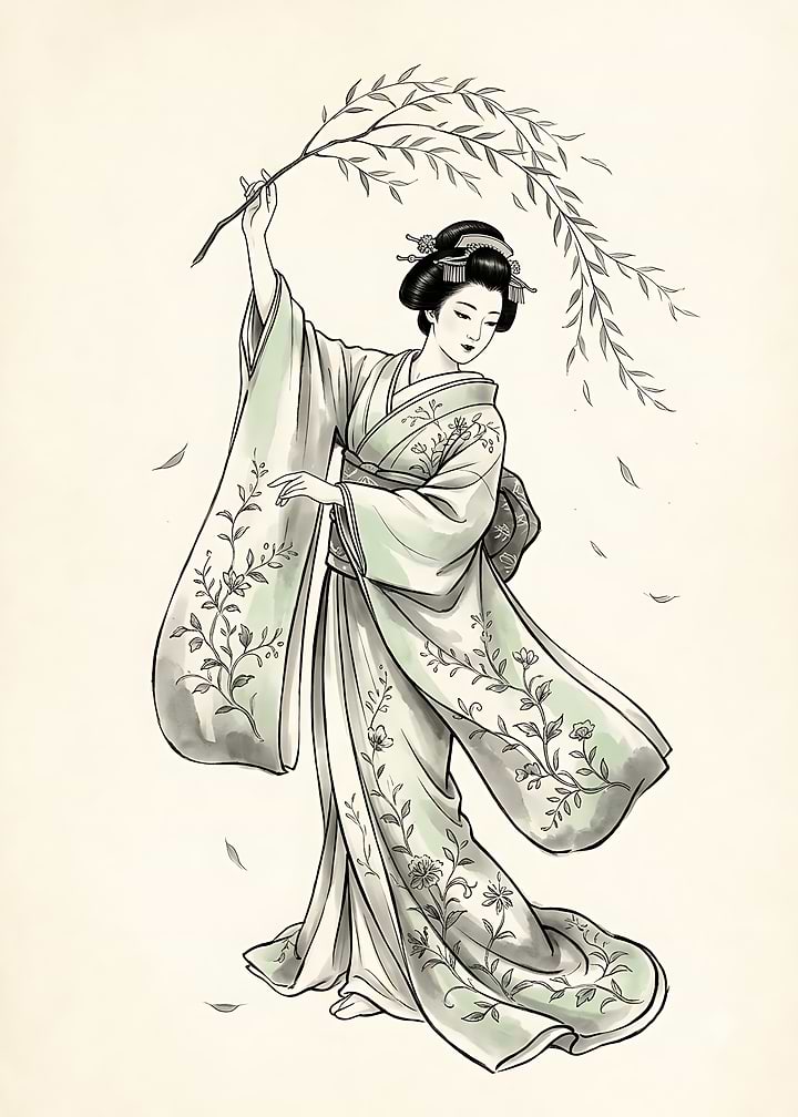 Elegant Geisha with Willow Branch