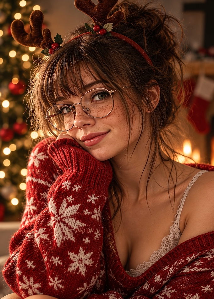 Young woman in festive Christmas sweater