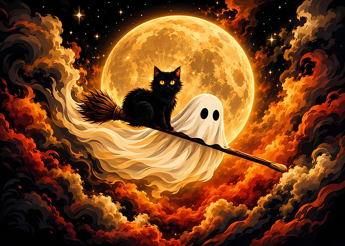 Black Cat and Ghost on Broomstick