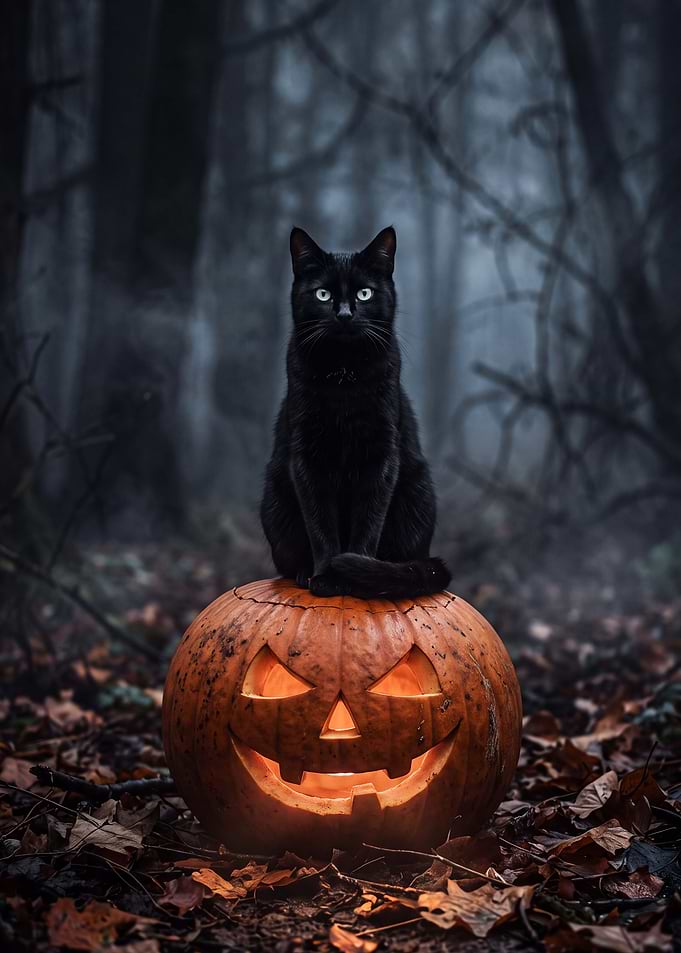 Black Cat Sitting on Jack-o'-lantern