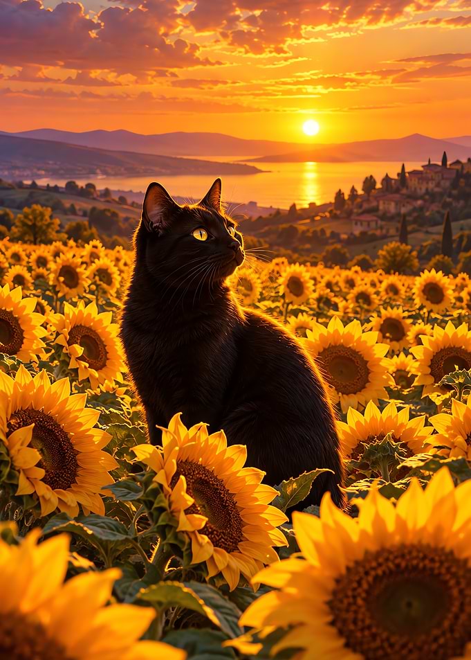 Black Cat Sunflower Field Golden Hour