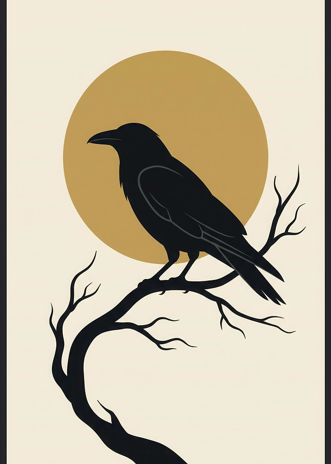Minimalist Raven on Branch Silhouette
