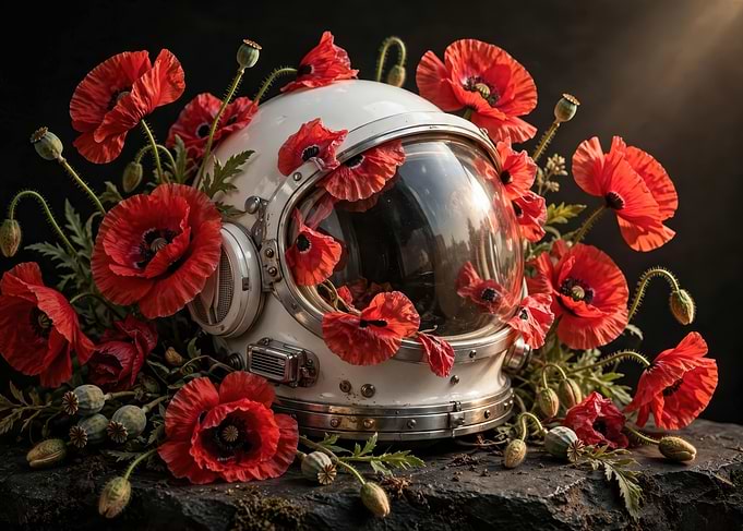 Astronaut Helmet Surrounded by Red Poppies