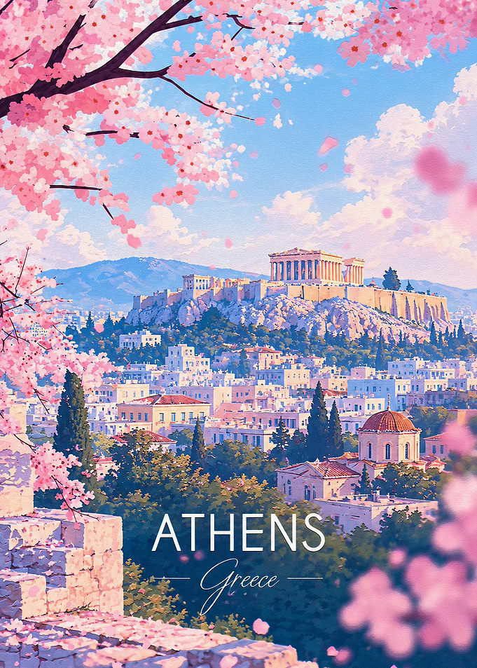 Athens Greece Cherry Blossom Travel Poster