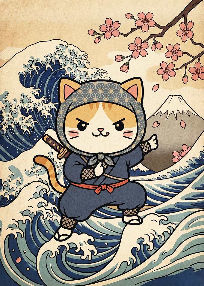 Ninja Cat Japanese Wave Art